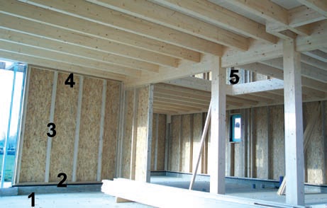 Dalle en béton (1). Lisse basse (2). Montant de l’ossature (3). Lisse haute (4). Second niveau monté sur la plate-forme du premier niveau (5) Dalle en béton (1). Lisse basse (2). Montant de l’ossature (3). Lisse haute (4). Second niveau monté sur la plate-forme du premier niveau (5)